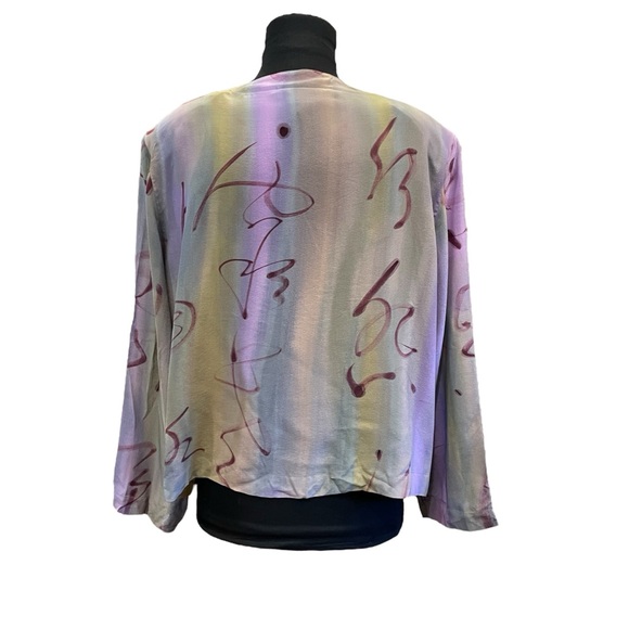VTG 80s Aliki Yamani Jacket Top Sheer Silk Hidden Buttons Colorful Shoulder Pad - Picture 3 of 12